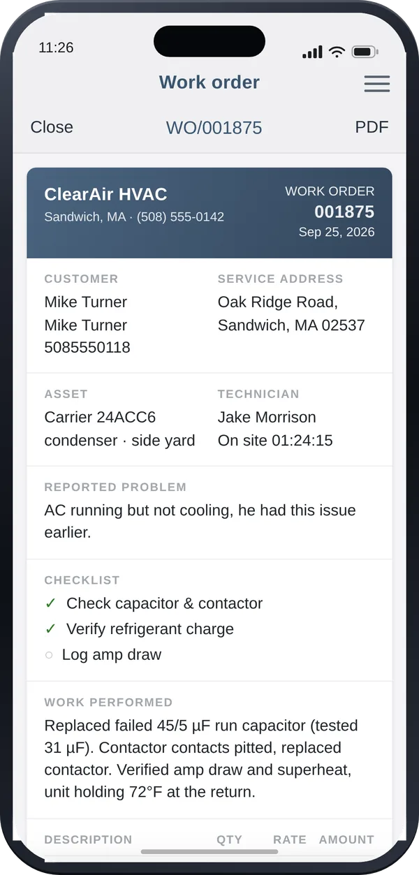 Repair-CRM mobile work order tied to an asset: Carrier condenser, reported problem, checklist and work performed